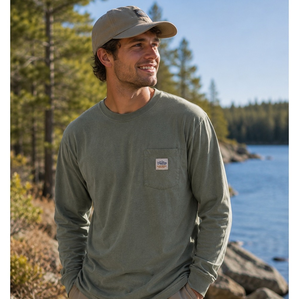 Bass Creek Outfitters Long Sleeve Pocket Tee Olive Green Crew Neck Mens Large